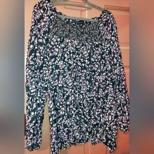 Lane Bryant Long Sleeve Black with pink floral and silver threads blouse.